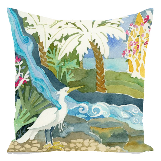Snowy Egret Waterfall Throw Pillow