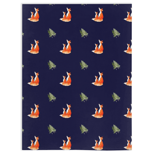 Fox and Trees  Pattern Minky Blanket (Dark Blue)