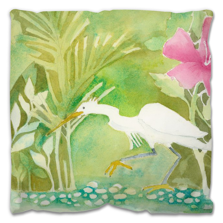 Snowy Egret Hunting Outdoor Pillow