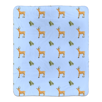 Deer and Trees Pattern Sherpa Blanket (Blue)