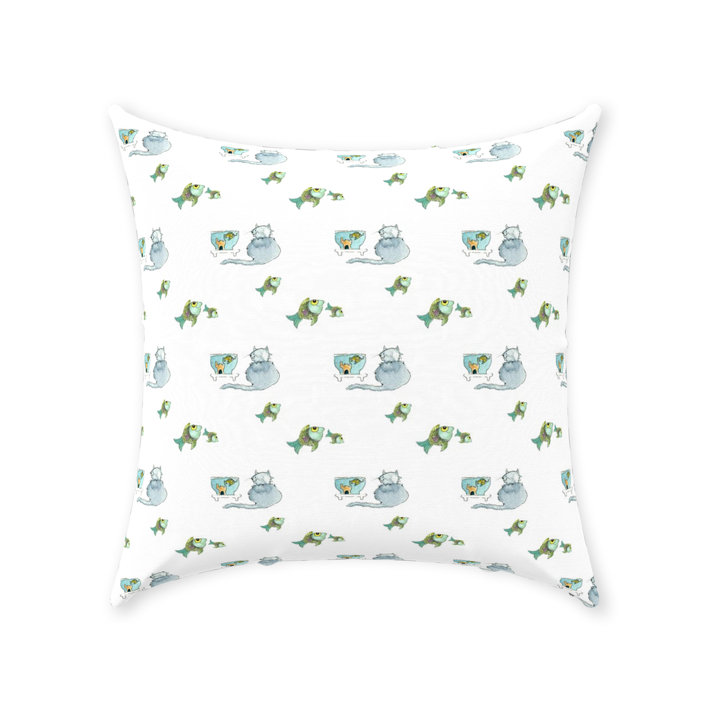 Cat and Fish Throw Pillow (white)