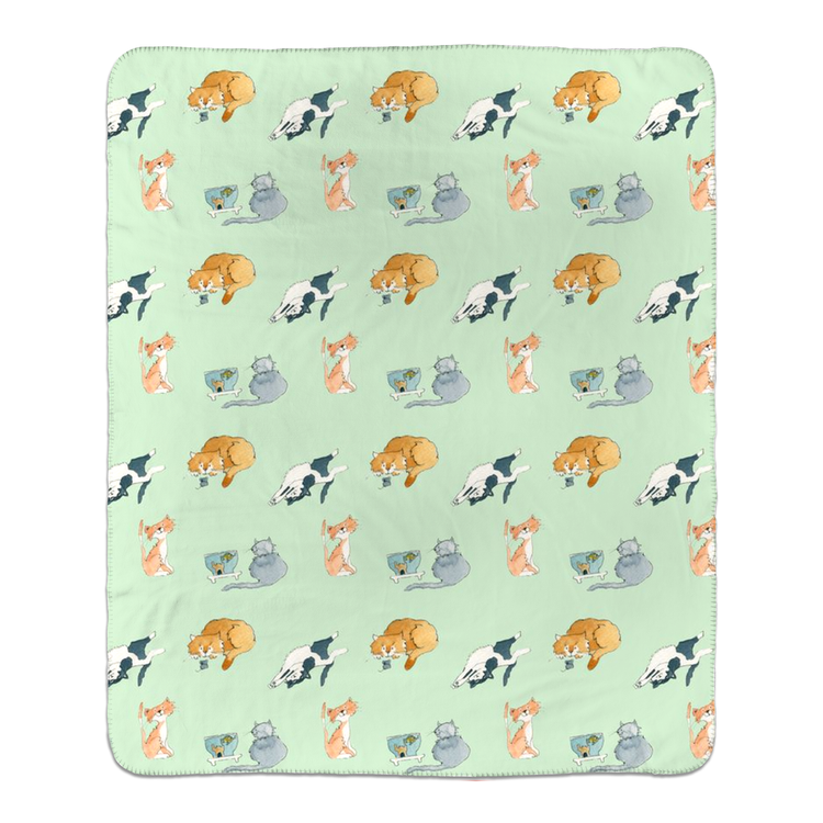 Cats Pattern Sherpa Blanket - (Green)