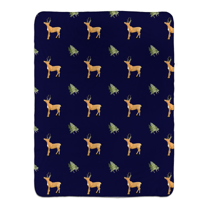 Deer and Trees Pattern Sherpa Blanket (Dark Blue)