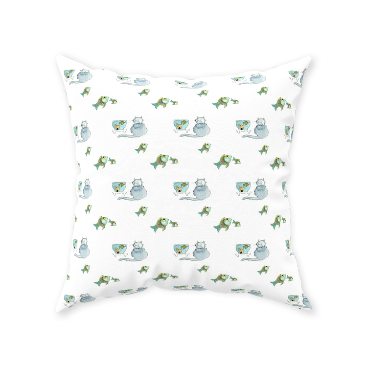 Cat and Fish Throw Pillow (white)