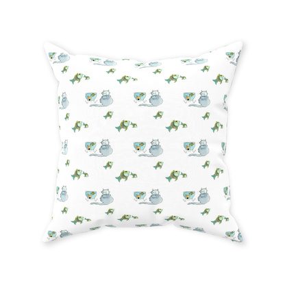 Cat and Fish Throw Pillow (white)