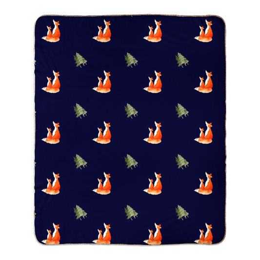 Fox and Trees Sherpa Blanket (Dark Blue)