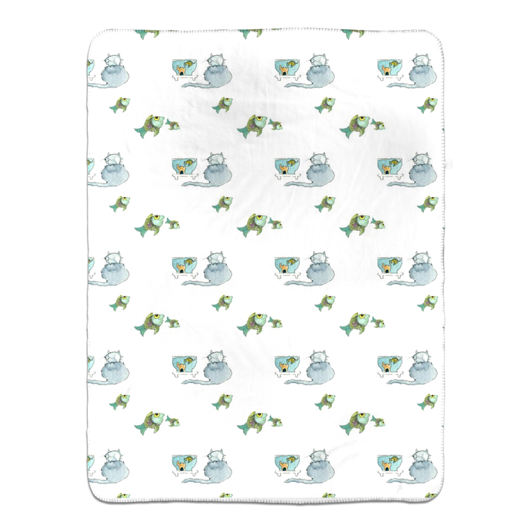 Cats and Fish Sherpa Blanket - (White)