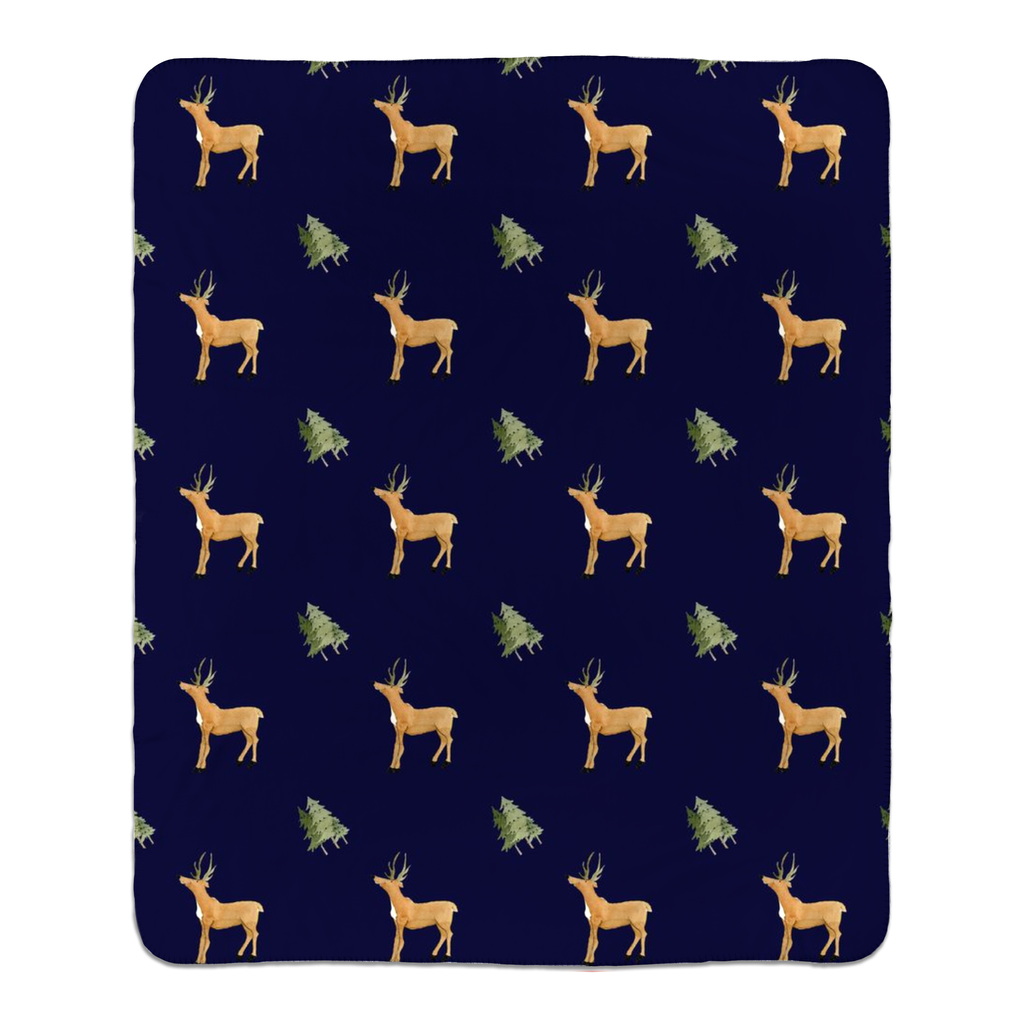 Deer and Trees Pattern Sherpa Blanket (Dark Blue)