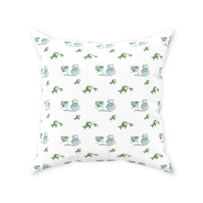 Cat and Fish Throw Pillow (white)