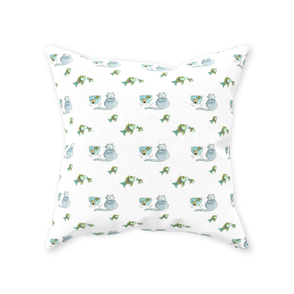 Cat and Fish Throw Pillow (white)