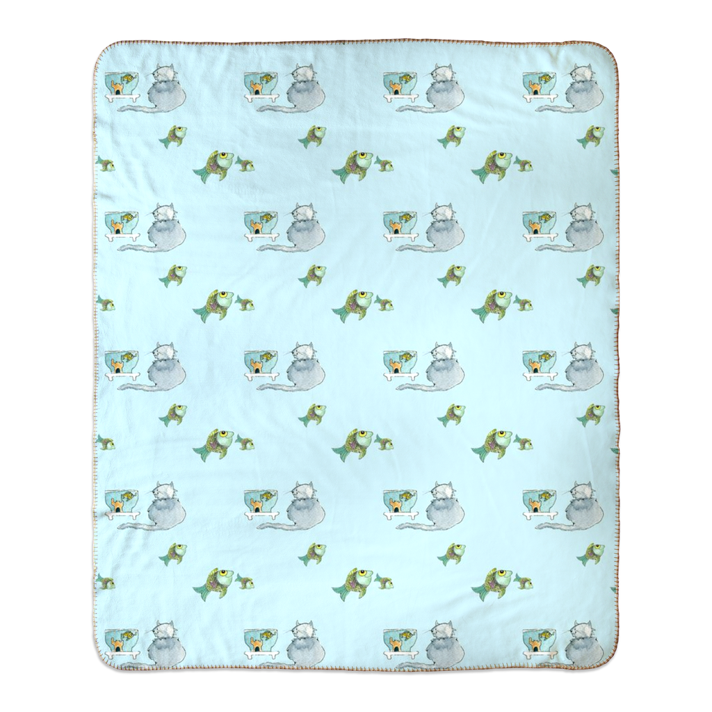 Cats and Fish Sherpa Blanket - (Blue)