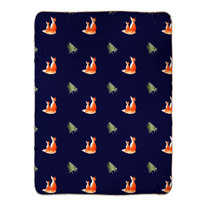 Fox and Trees Sherpa Blanket (Dark Blue)